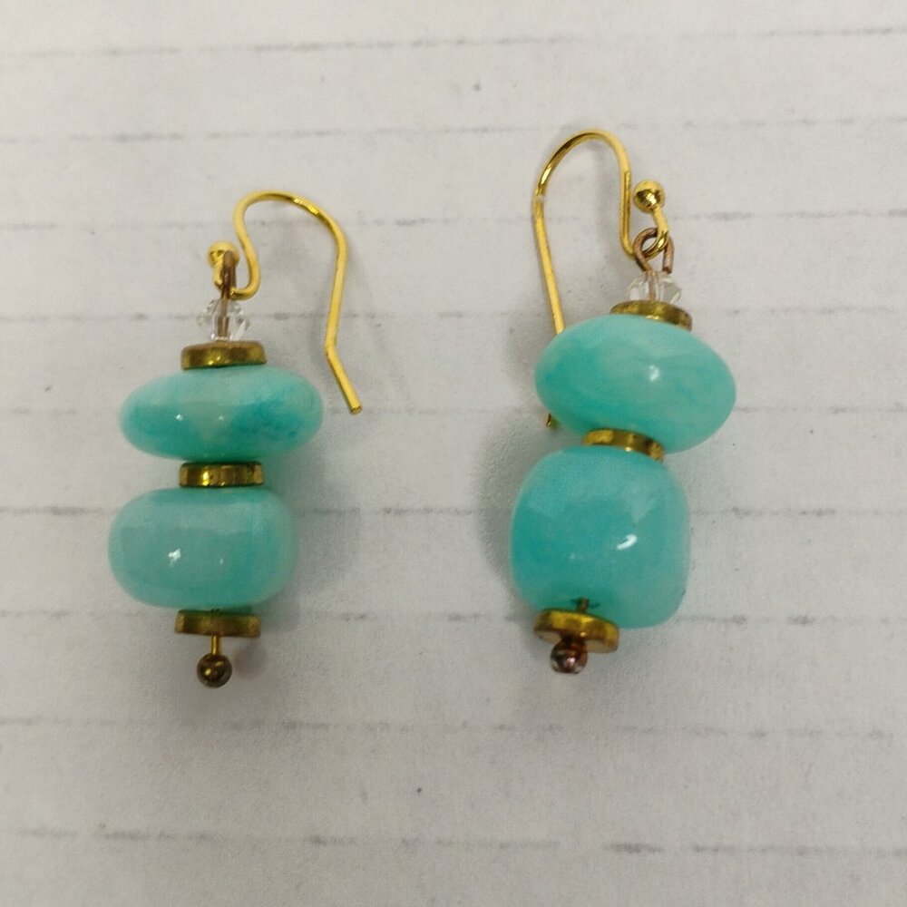 Gently Worn Aqua Glass Bead Earrings with Gold Tone Accents